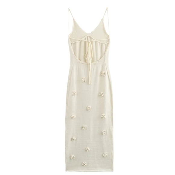 Summer New Women's Retro Slim Fit Sexy Open Back Flower Decoration Knitted Dress - Picture 2 of 6